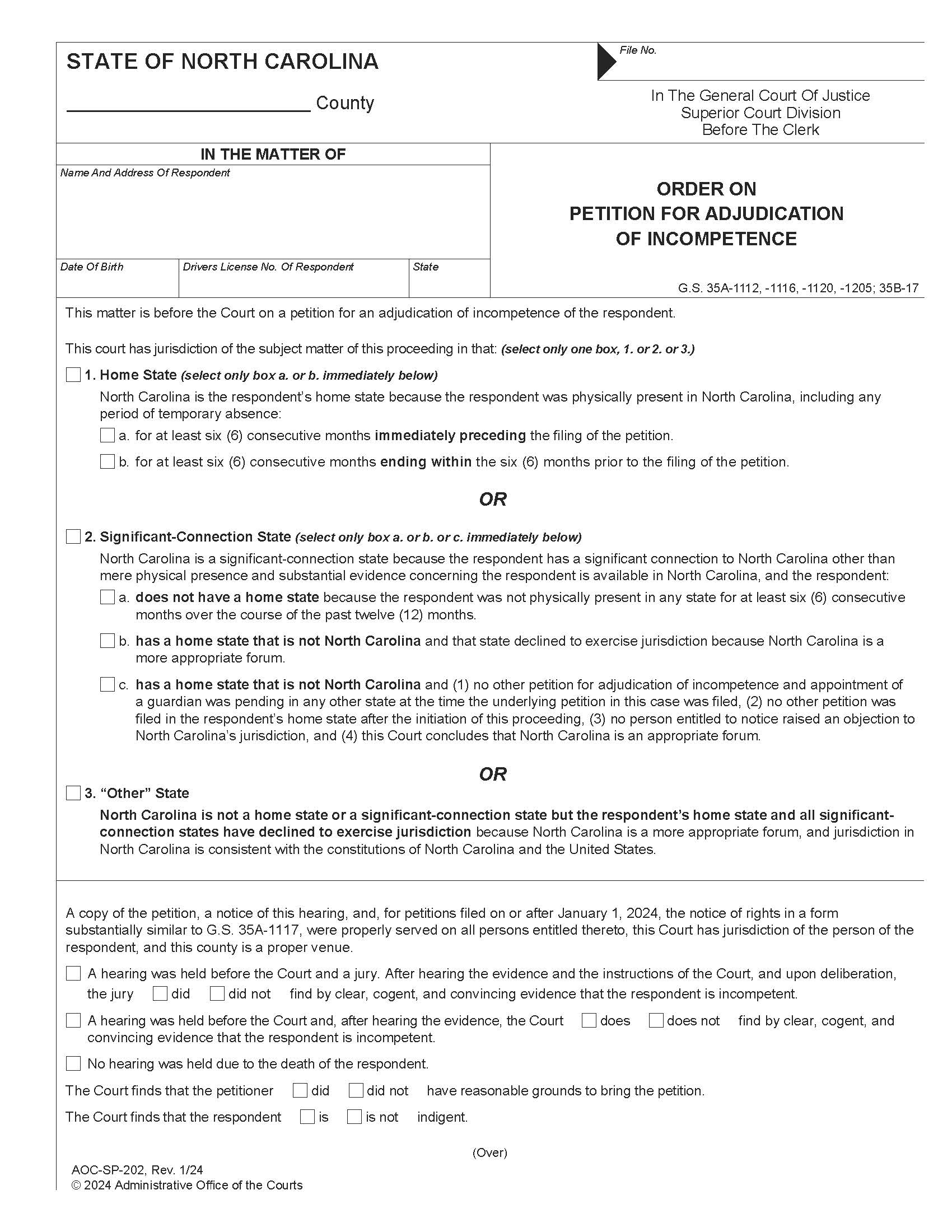 Order On Petition For Adjudication Of Incompetence {SP-202} | Pdf Fpdf Docx | North Carolina