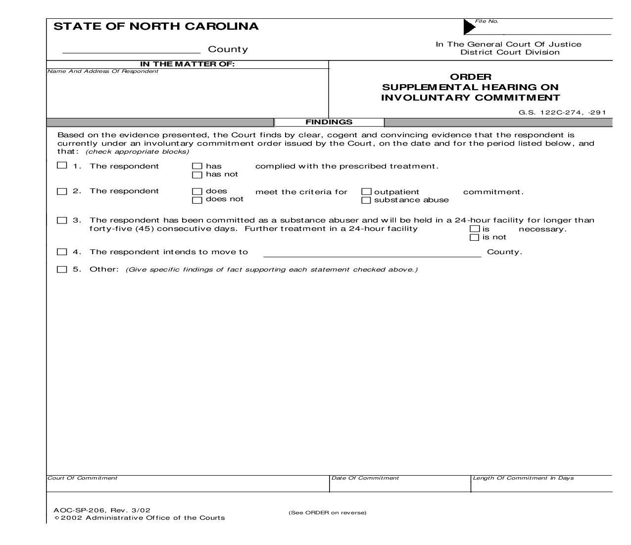 Order Supplemental Hearing On Involuntary Commitment {SP-206} | Pdf Fpdf Doc Docx | North Carolina
