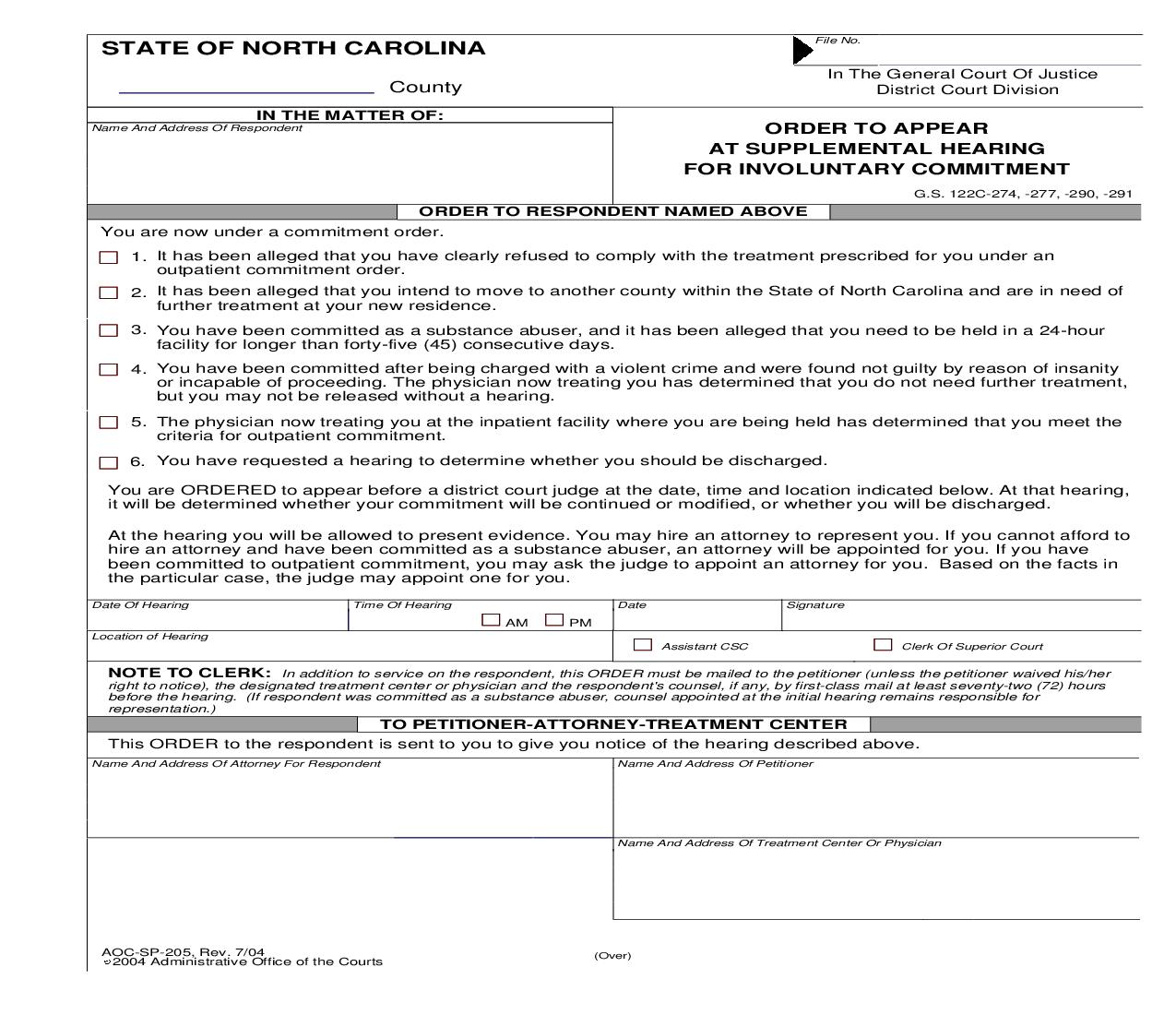 Order To Appear At Supplemental Hearing For Involuntary Commitment {SP-205} | Pdf Fpdf Doc Docx | North Carolina