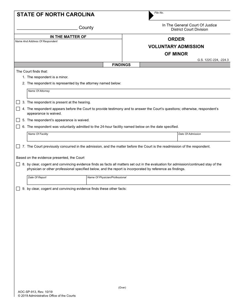 Order Voluntary Admission Of Minor {SP-913M} | Pdf Fpdf Doc Docx | North Carolina