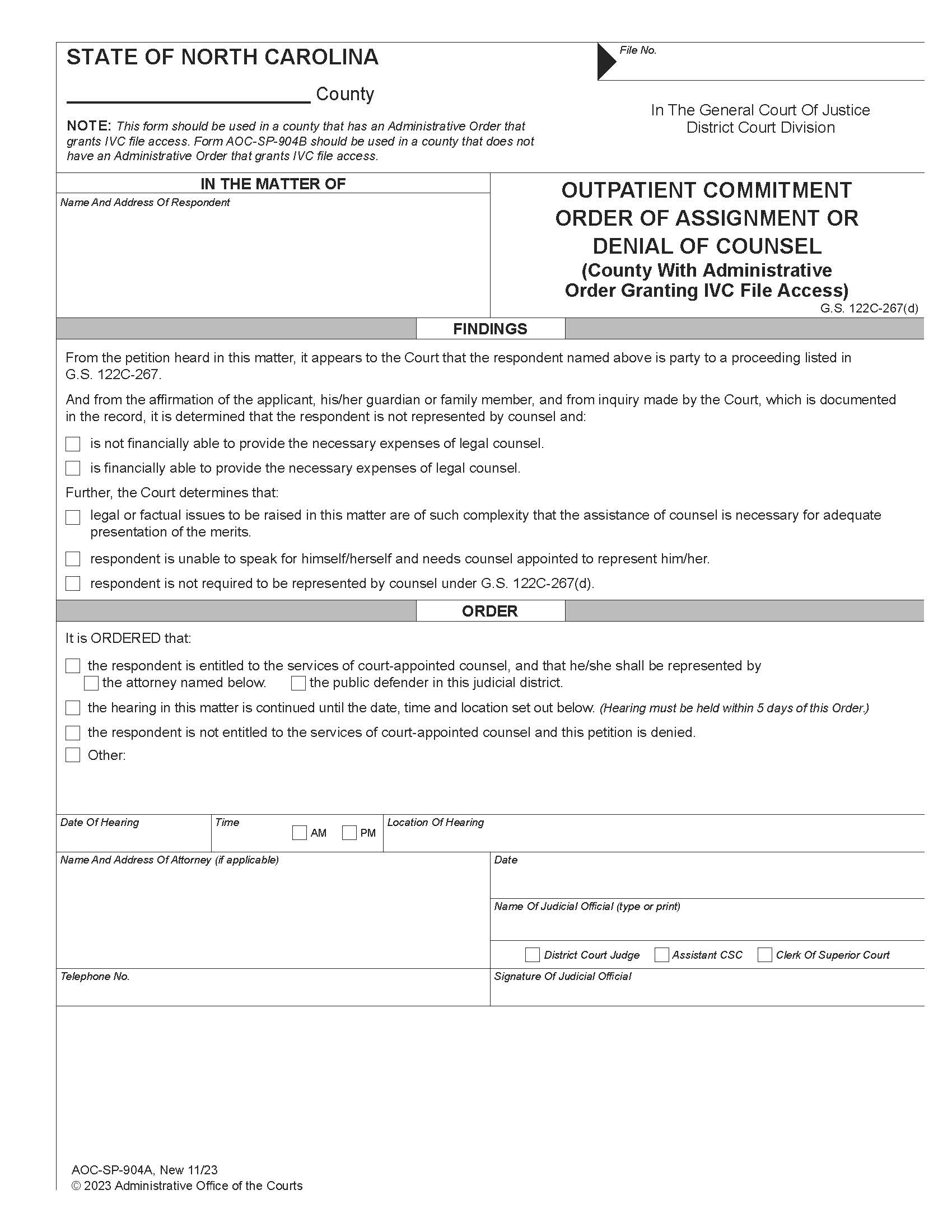 Outpatient Commitment Order Of Assignment Or Denial Of Counsel {SP-904A} | Pdf Fpdf Doc Docx | North Carolina