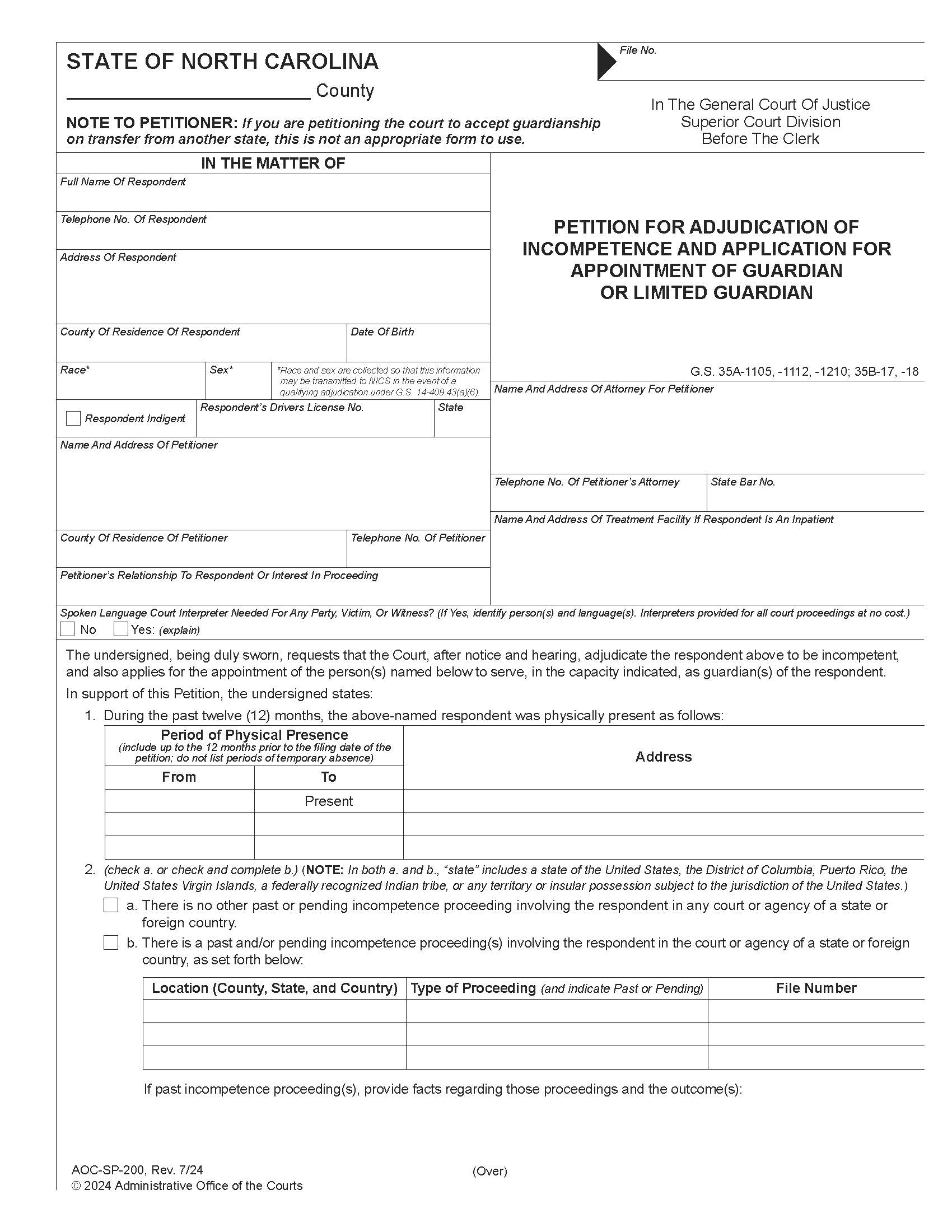 Petition For Adjudication Of Incompetence {SP-200} | Pdf Fpdf Docx | North Carolina