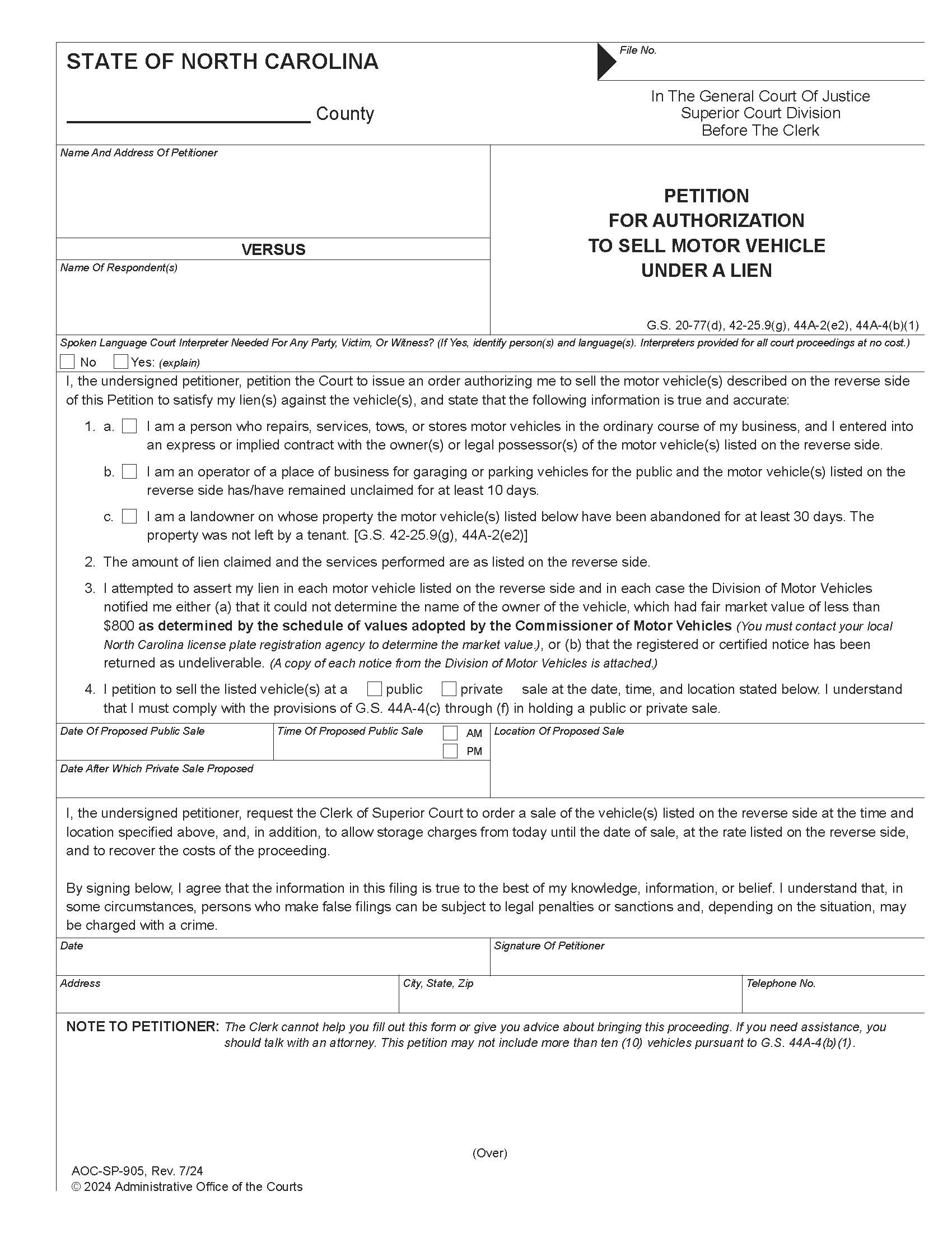 Petition For Authorization To Sell Motor Vehicle Under A Lien {SP-905M} | Pdf Fpdf Doc Docx | North Carolina