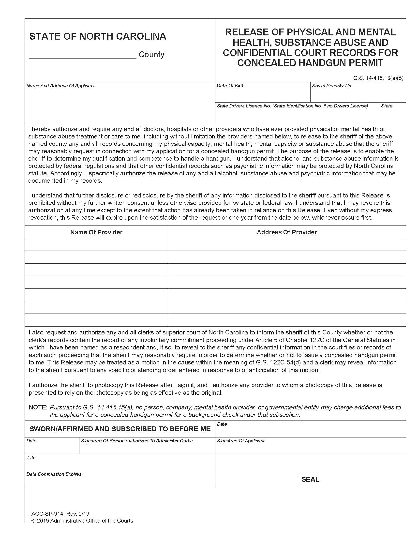 Release Of Records For Handgun Permit {SP-914M} | Pdf Fpdf Doc Docx | North Carolina