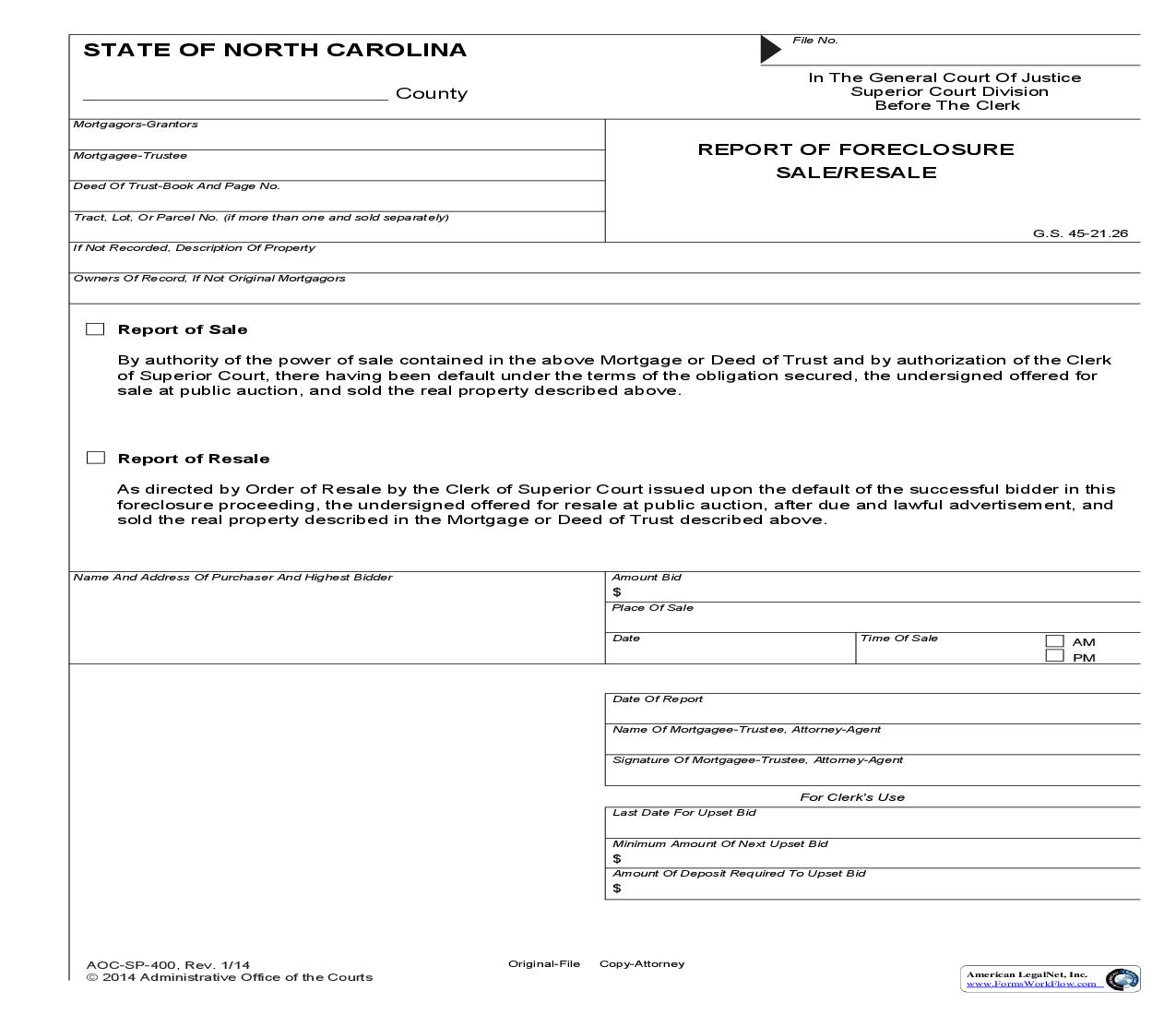 Report Of Foreclosure Sale Resale {SP-400} | Pdf Fpdf Doc Docx | North Carolina