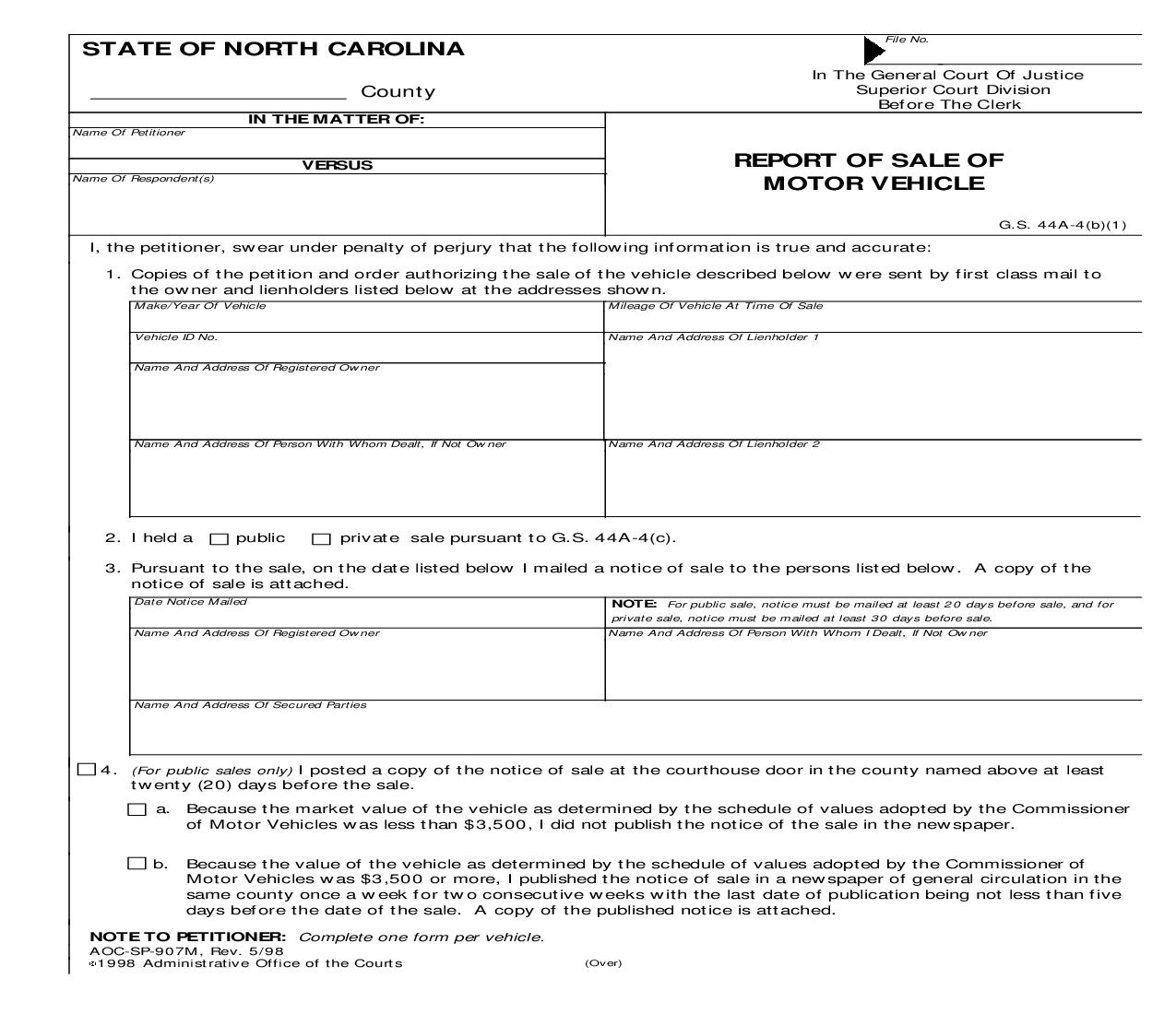 Report Of Sale Of Motor Vehicle {SP-907M} | Pdf Fpdf Doc Docx | North Carolina