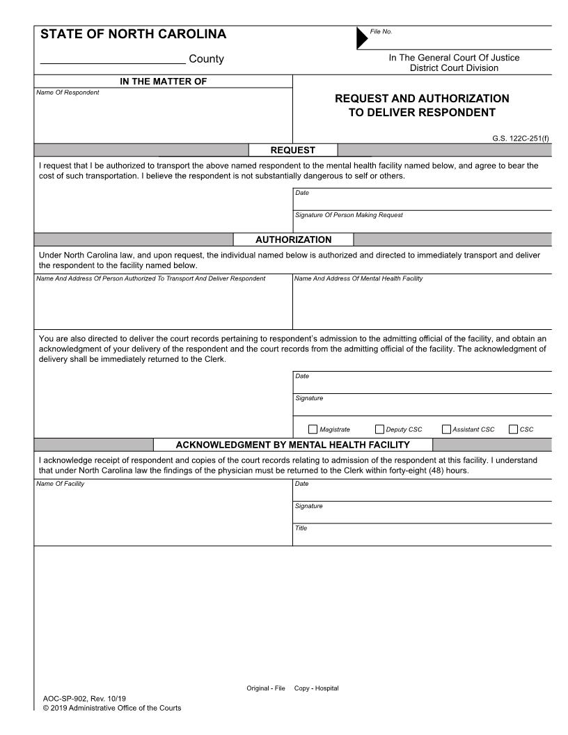 Request And Authorization To Deliver Respondent {SP-902M} | Pdf Fpdf Doc Docx | North Carolina