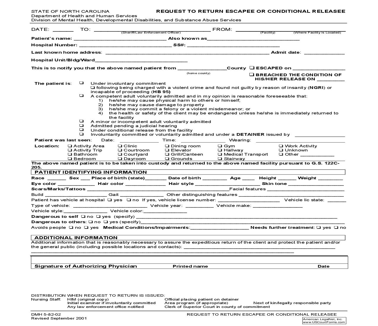 Request To Return Escapee Or Conditional Releasee {DMH 5-82-02} | Pdf Fpdf Doc Docx | North Carolina