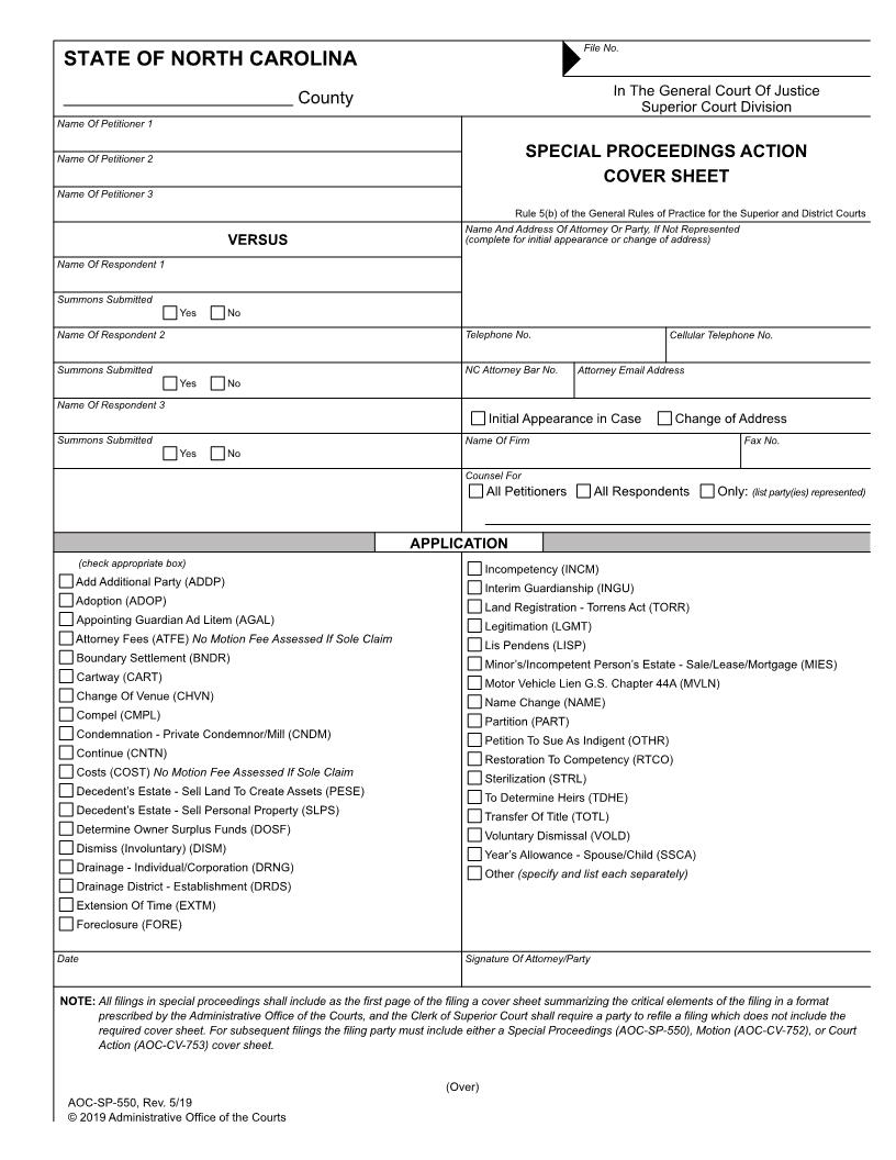 Special Proceedings Action Cover Sheet {SP-550} | Pdf Fpdf Doc Docx | North Carolina