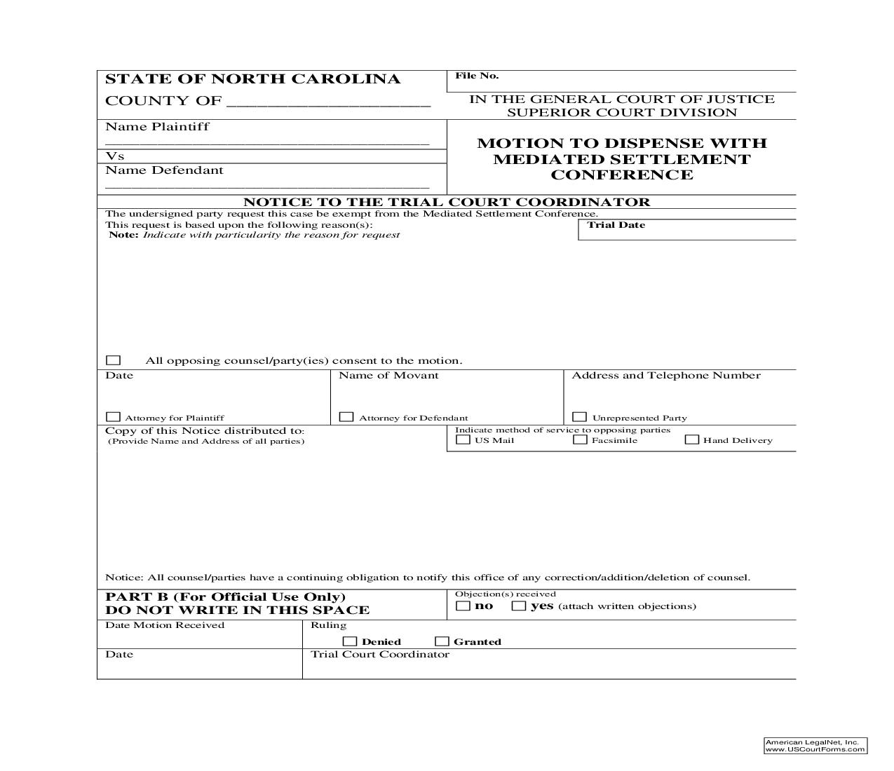 Motion To Dispense With Mediated Settlement Conference | Pdf Fpdf Doc Docx | North Carolina