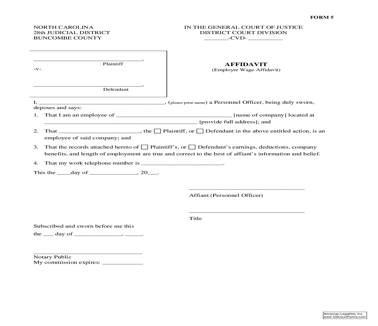 Affidavit (Employer Wage Affidavit) {Form 05} | Pdf Fpdf Doc Docx | North Carolina