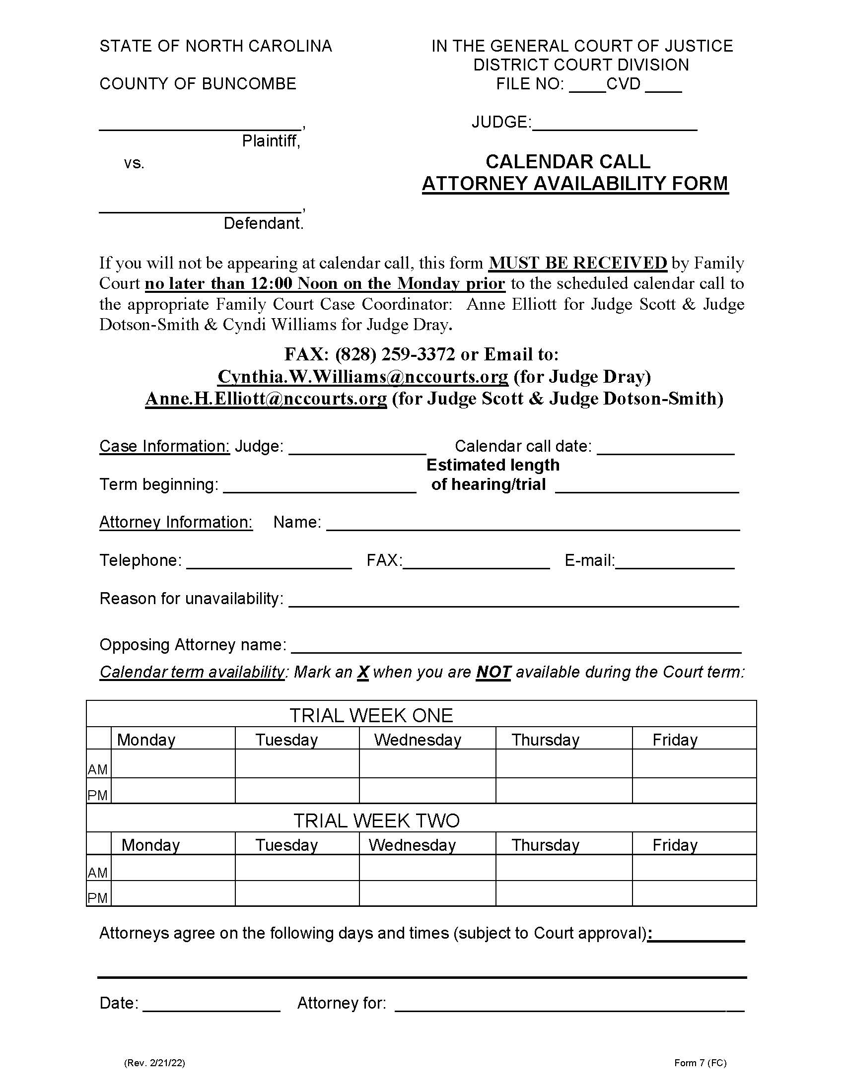 Calendar Call Attorney Availability Form {7} | Pdf Fpdf Doc Docx | North Carolina