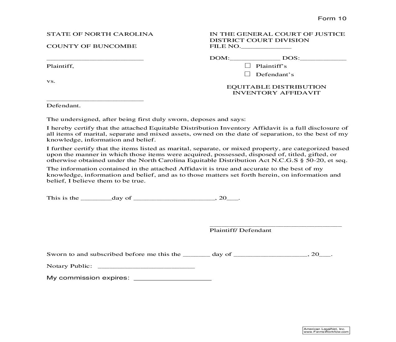 Equitable Distribution Inventory Affidavit {10} | Pdf Fpdf Doc Docx | North Carolina