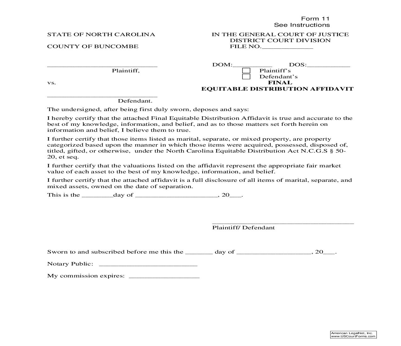 Final Equitable Distribution Affidavit {Form 11} | Pdf Fpdf Doc Docx | North Carolina