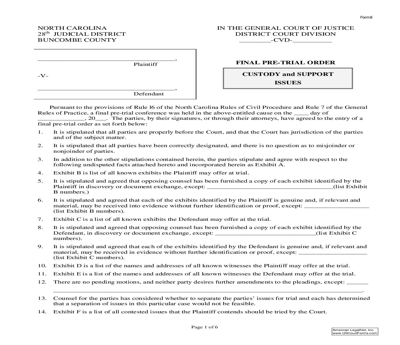 Final Pre Trial Order Custody And Support Issues {08} | Pdf Fpdf Doc Docx | North Carolina