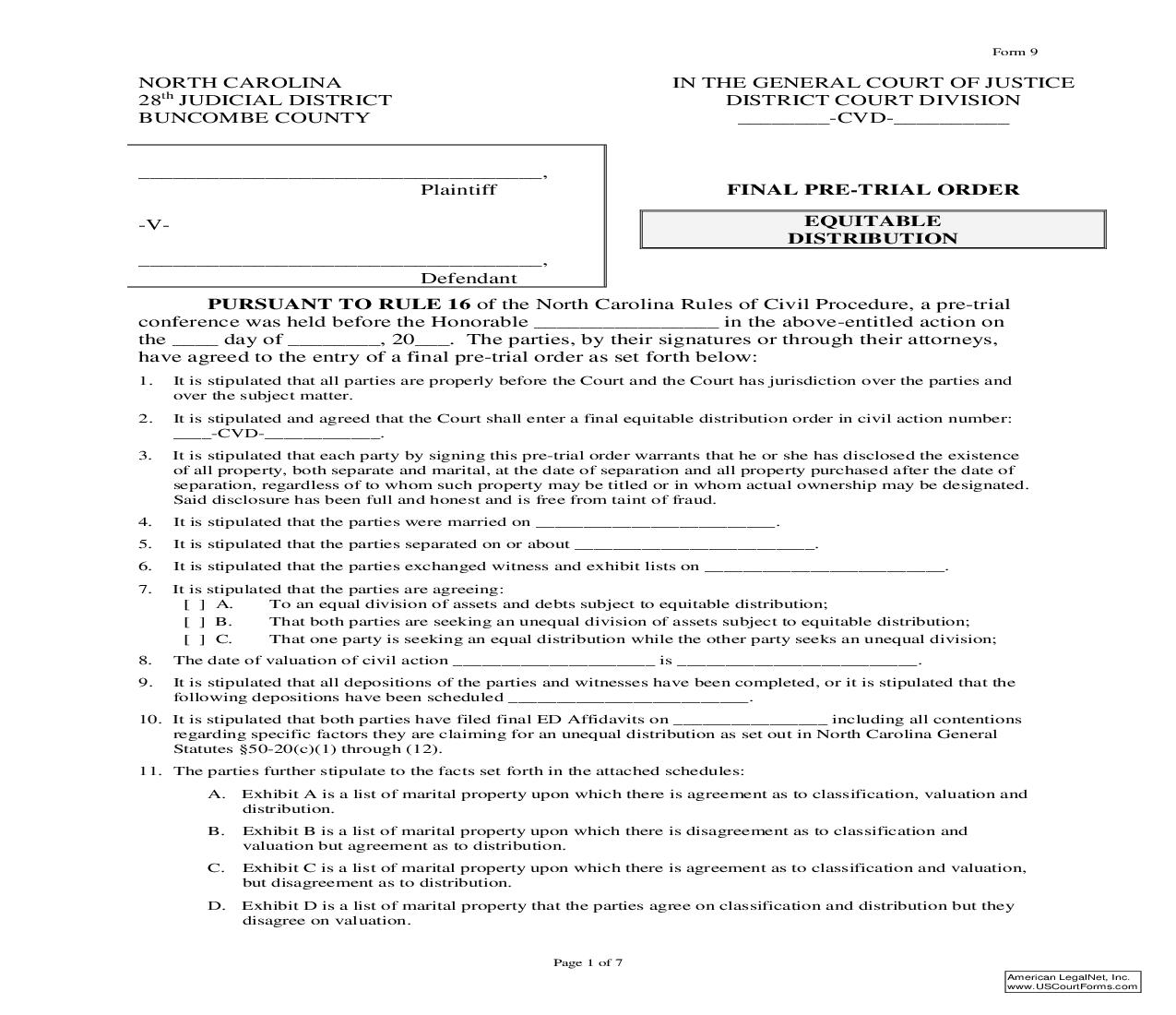 Final Pre-Trial Order - Equitable Distribution {Form 09} | Pdf Fpdf Doc Docx | North Carolina