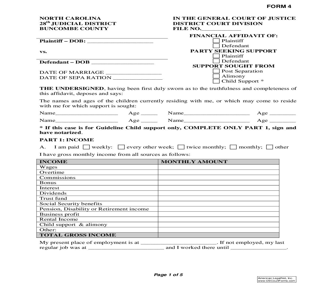 Financial Affidavit {Form 04} | Pdf Fpdf Doc Docx | North Carolina