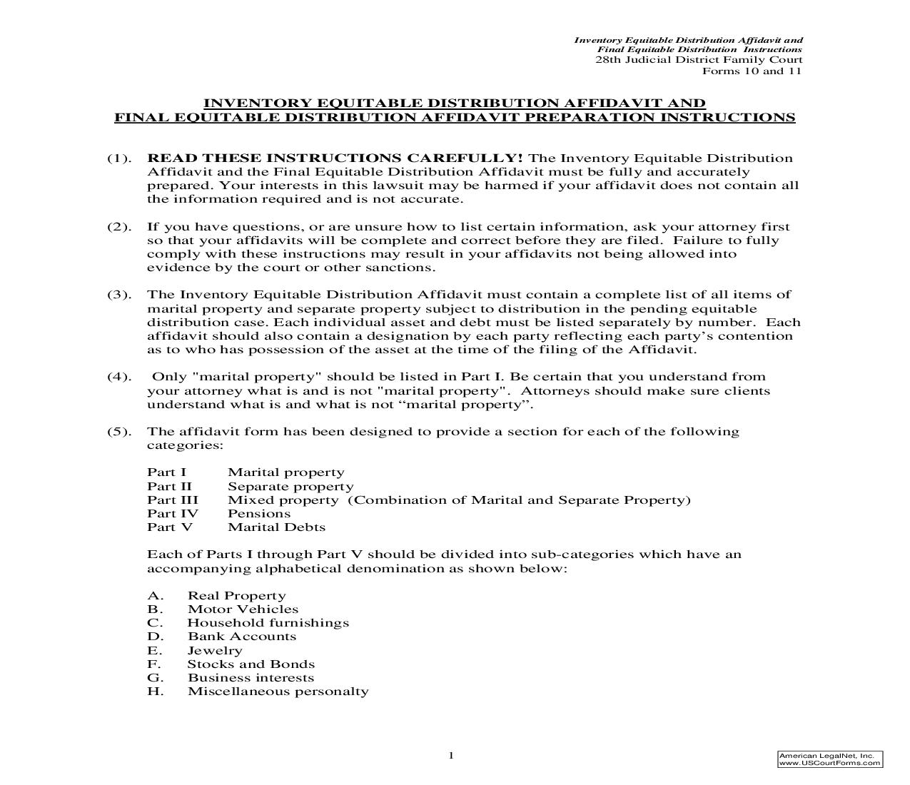 Inventory Equitable Distribution Affidavit And Final Equitable Distribution Affidavit Preparation Instructions {Forms 10 and 11} | Pdf Fpdf Doc Docx | North Carolina