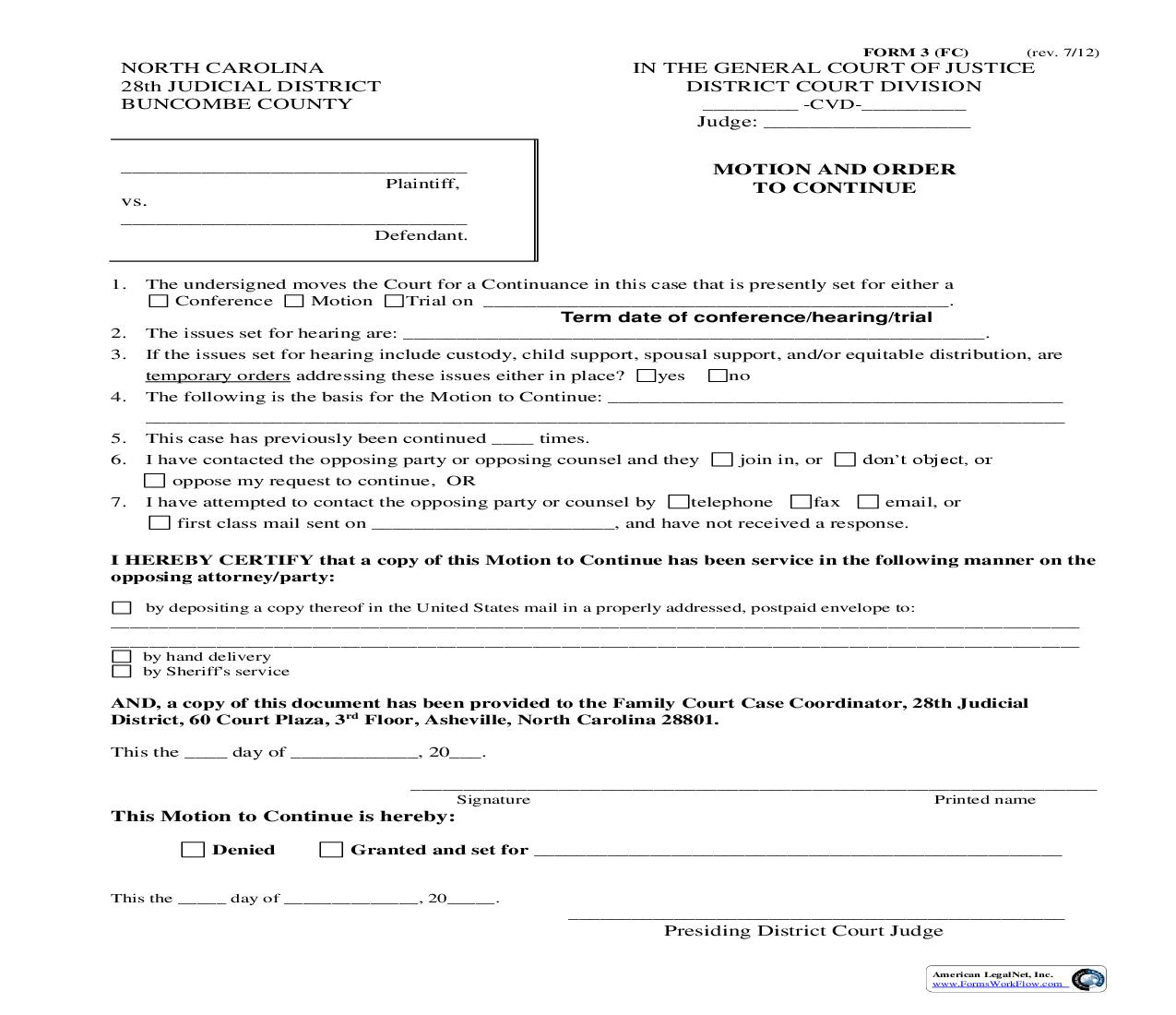 Motion And Order To Continue {3} | Pdf Fpdf Doc Docx | North Carolina