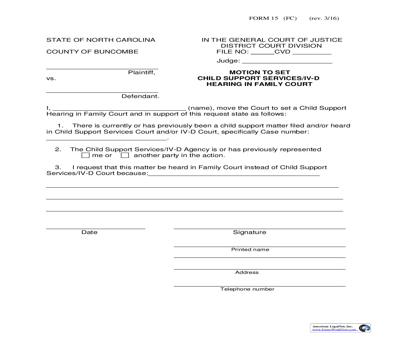 Motion To Set Child Support Enforcement IV-D Hearing In Family Court {15} | Pdf Fpdf Doc Docx | North Carolina