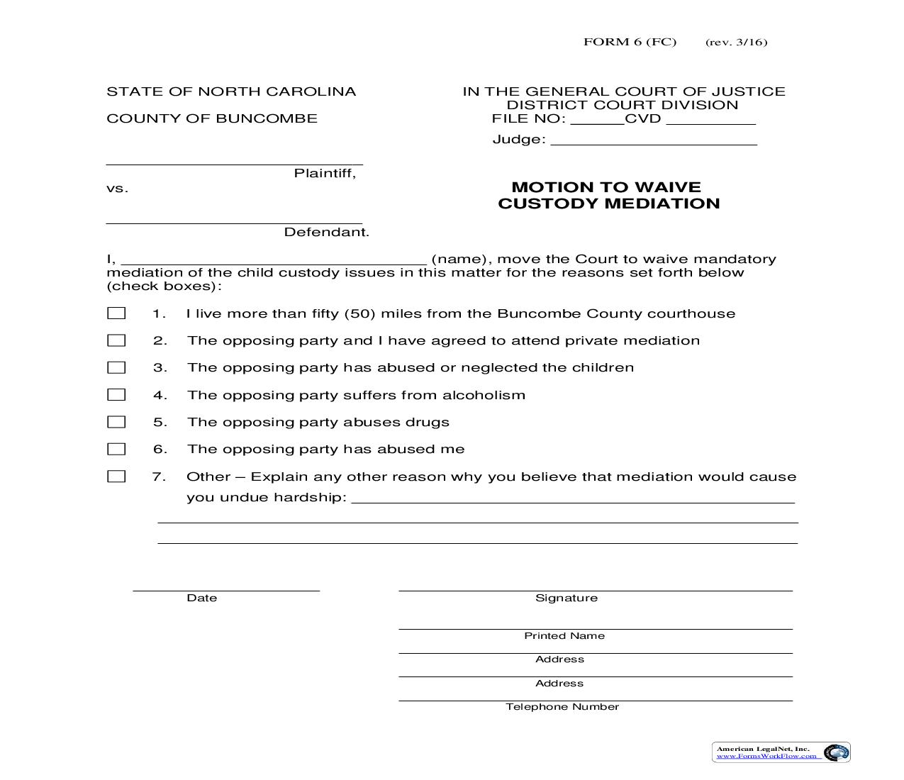 Motion To Waive Custody Mediation {6} | Pdf Fpdf Doc Docx | North Carolina