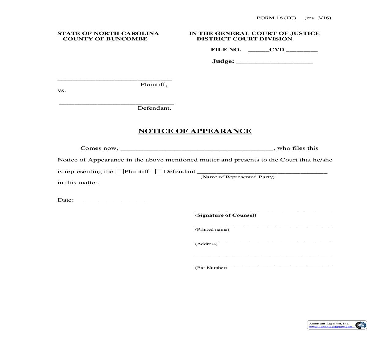 Notice Of Appearance {16} | Pdf Fpdf Doc Docx | North Carolina