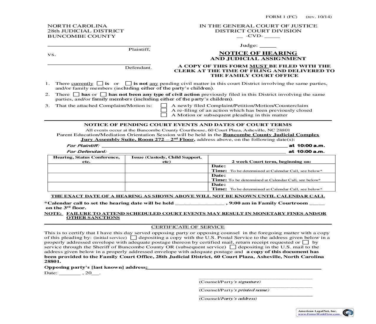 Notice Of Hearing And Judicial Assignment {1} | Pdf Fpdf Doc Docx | North Carolina