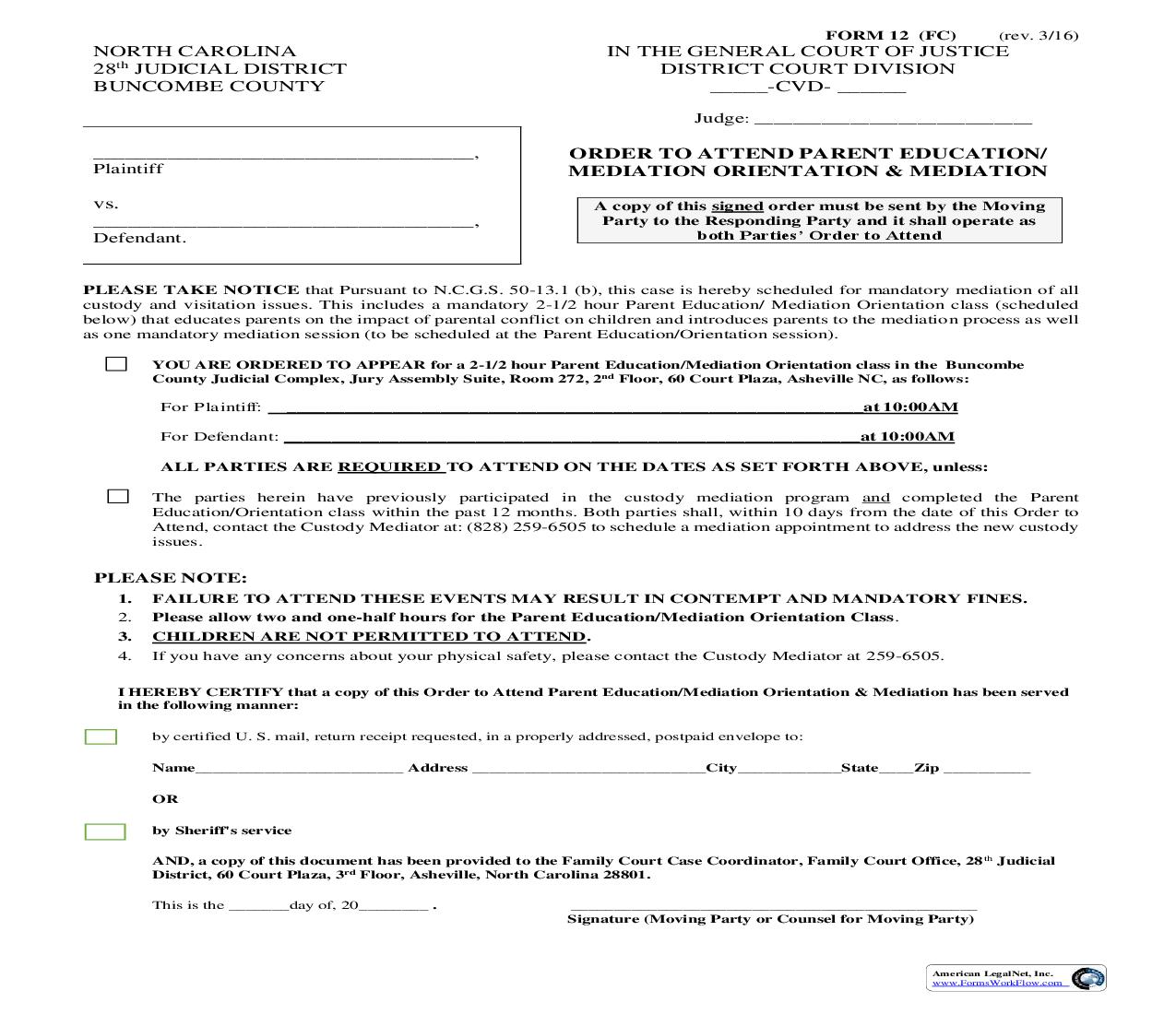 Order To Attend Parent Education Mediation Orientation {12} | Pdf Fpdf Doc Docx | North Carolina