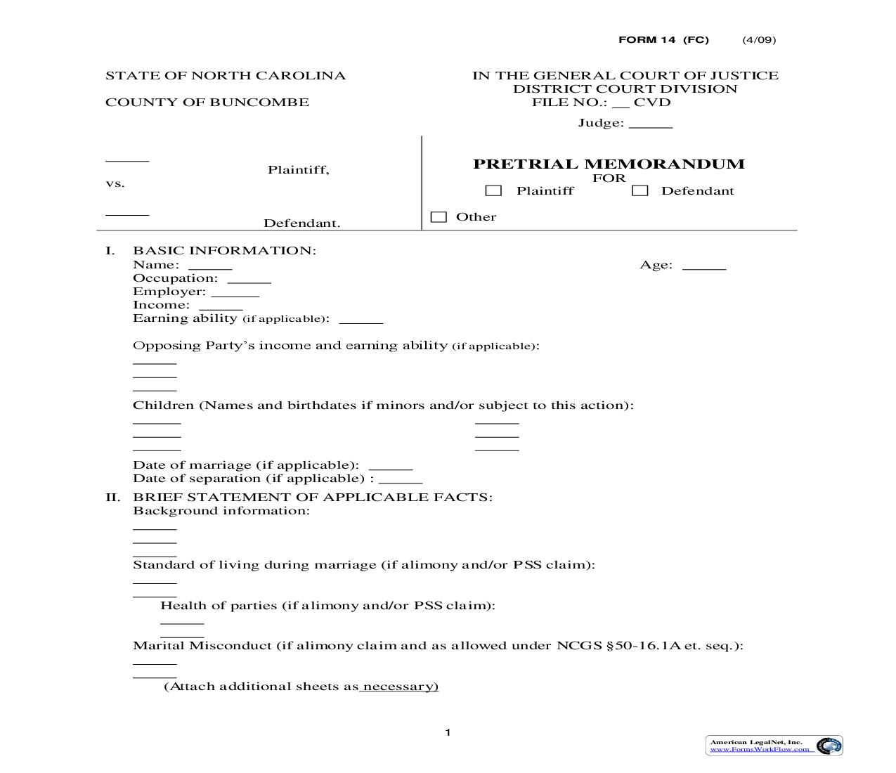 Pretrial Memorandum For Plaintiff Defendant  | Pdf Fpdf Doc Docx | North Carolina