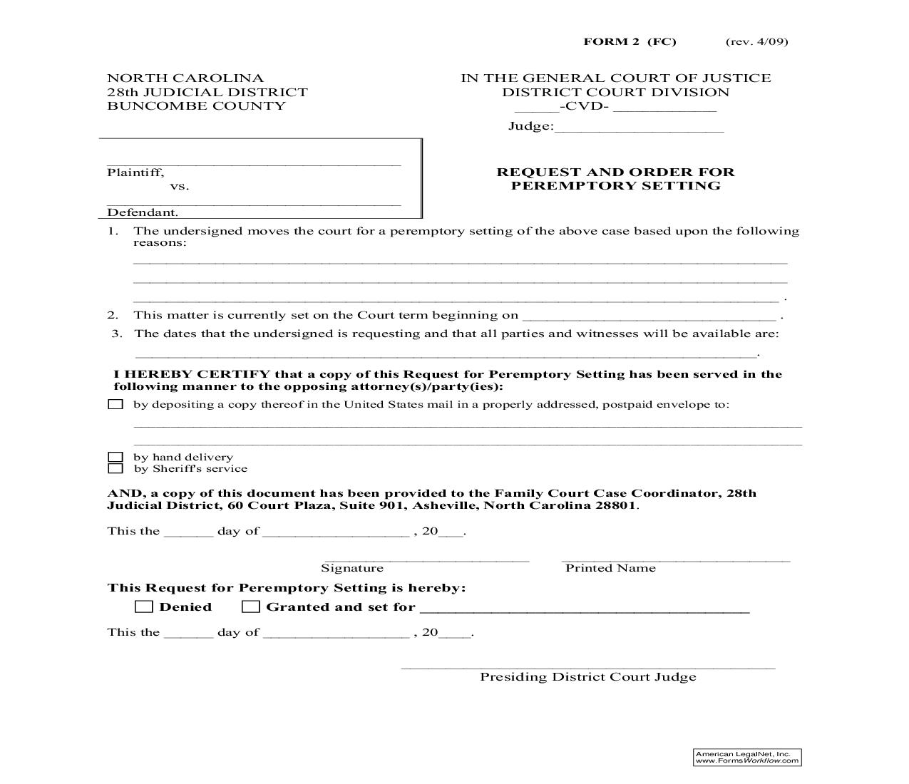 Request And Order For Peremptory Setting {2} | Pdf Fpdf Doc Docx | North Carolina