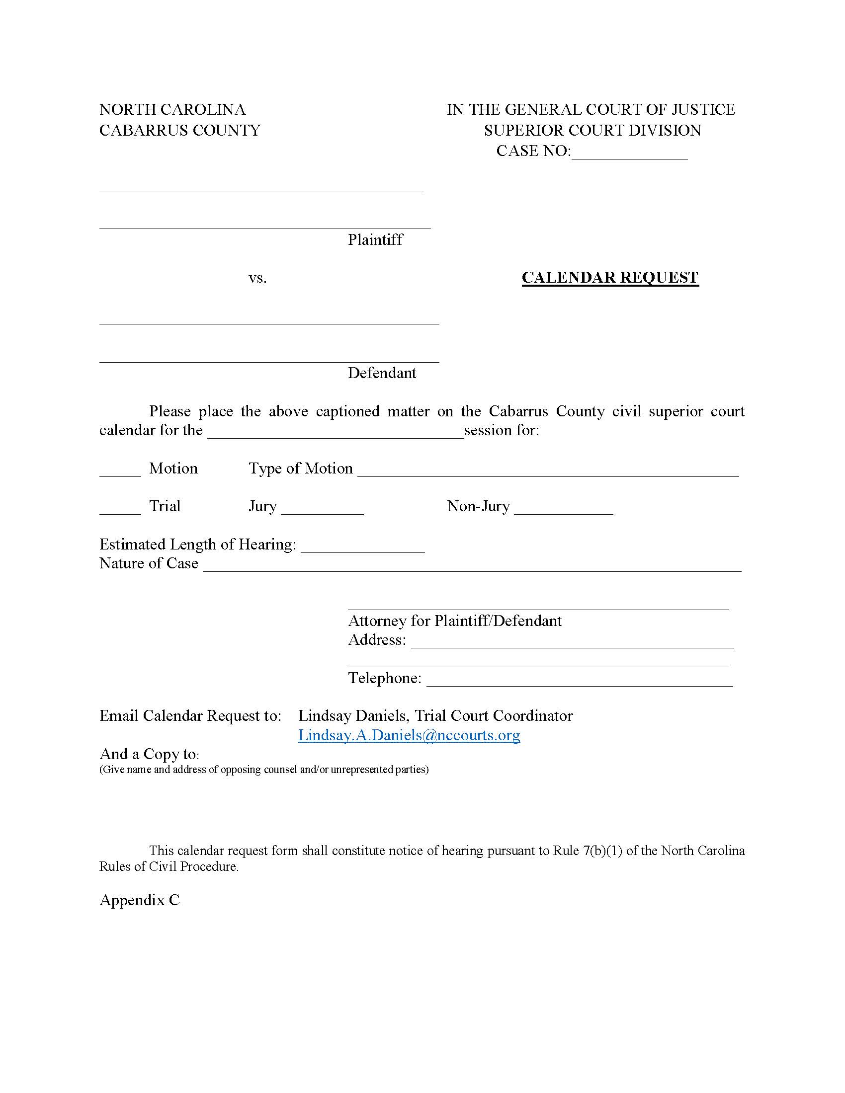 Calendar Request (Superior Court) | Pdf Fpdf Doc Docx | North Carolina