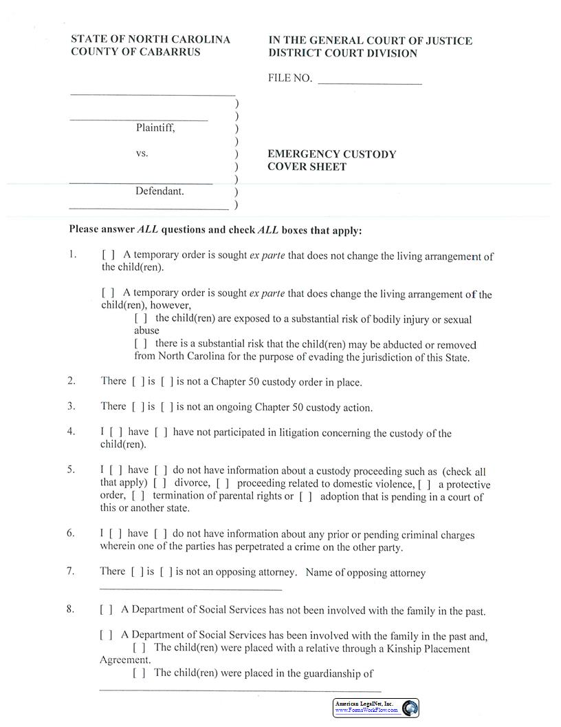 Emergency Custody Cover Sheet  | Pdf Fpdf Docx | North Carolina