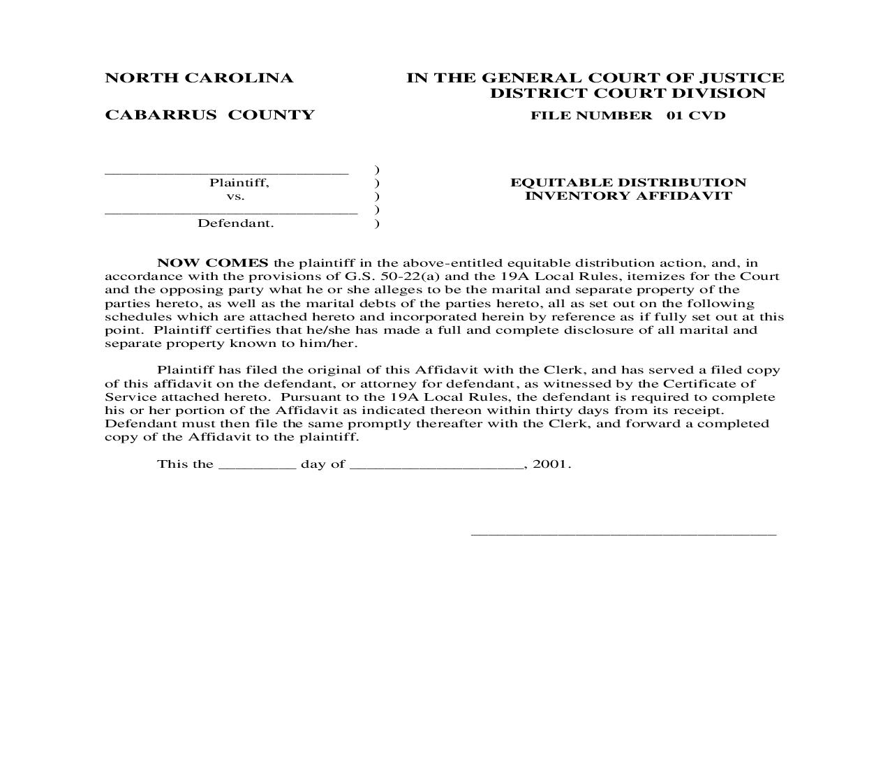 Equitable Distribution Inventory Affidavit {5} | Pdf Fpdf Doc Docx | North Carolina