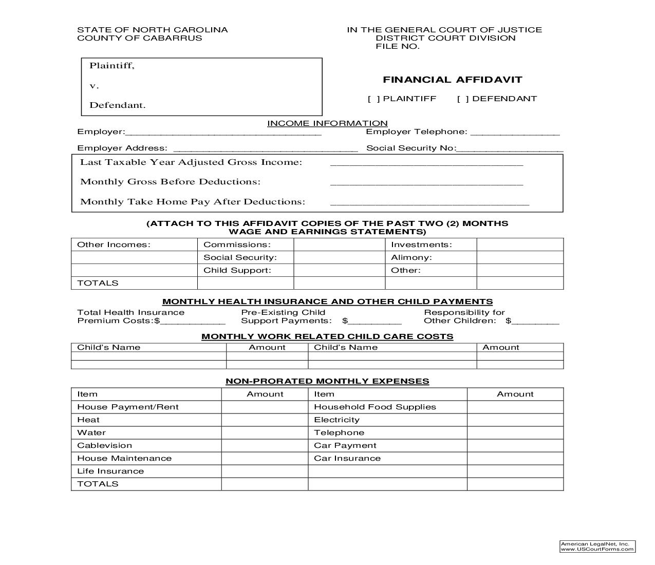 Finanical Affidavit | Pdf Fpdf Doc Docx | North Carolina