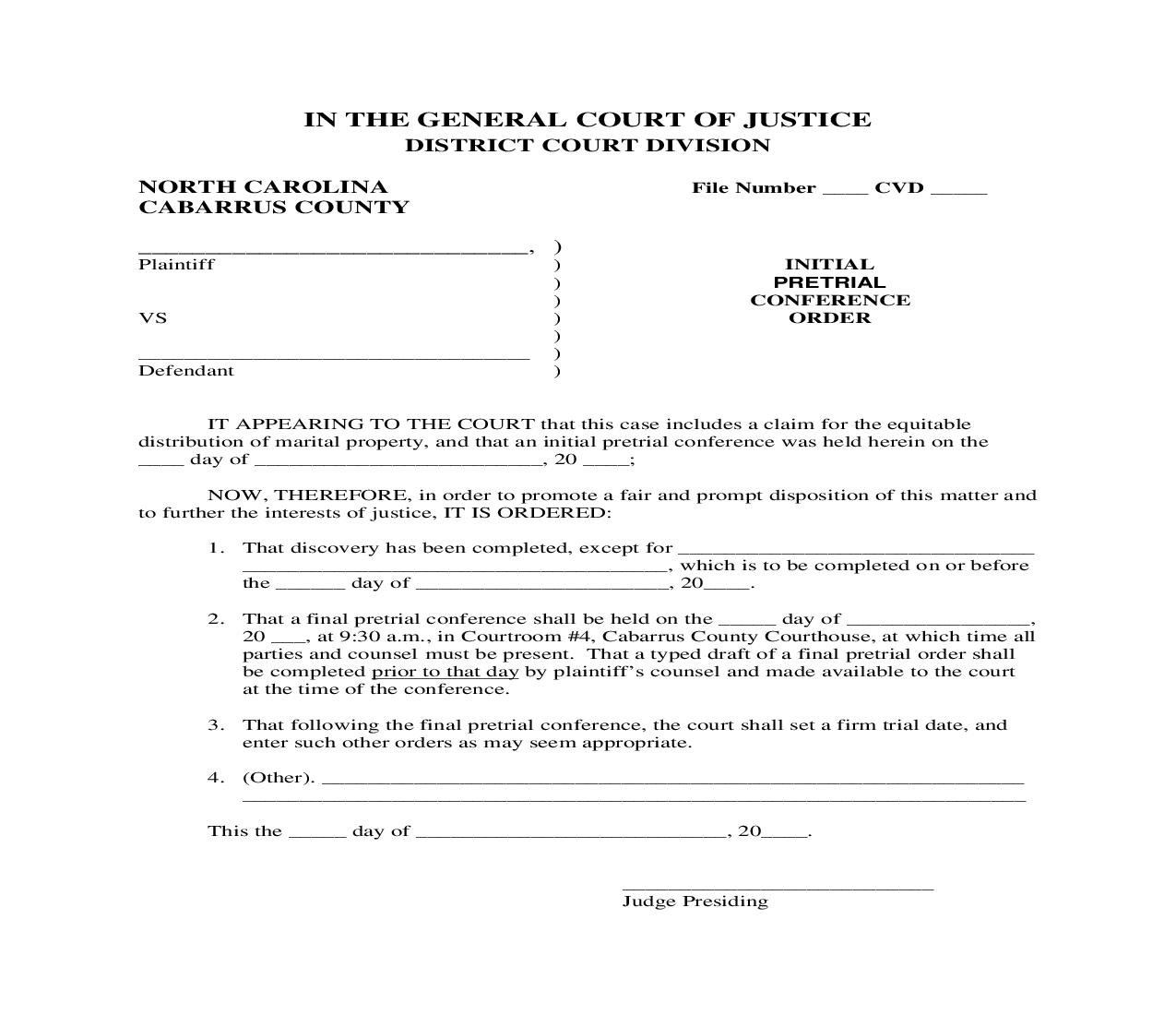 Initial Pretrial Conference Order {4} | Pdf Fpdf Doc Docx | North Carolina
