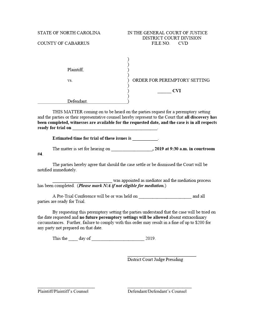 Order For Peremptory Setting  | Pdf Fpdf Doc Docx | North Carolina