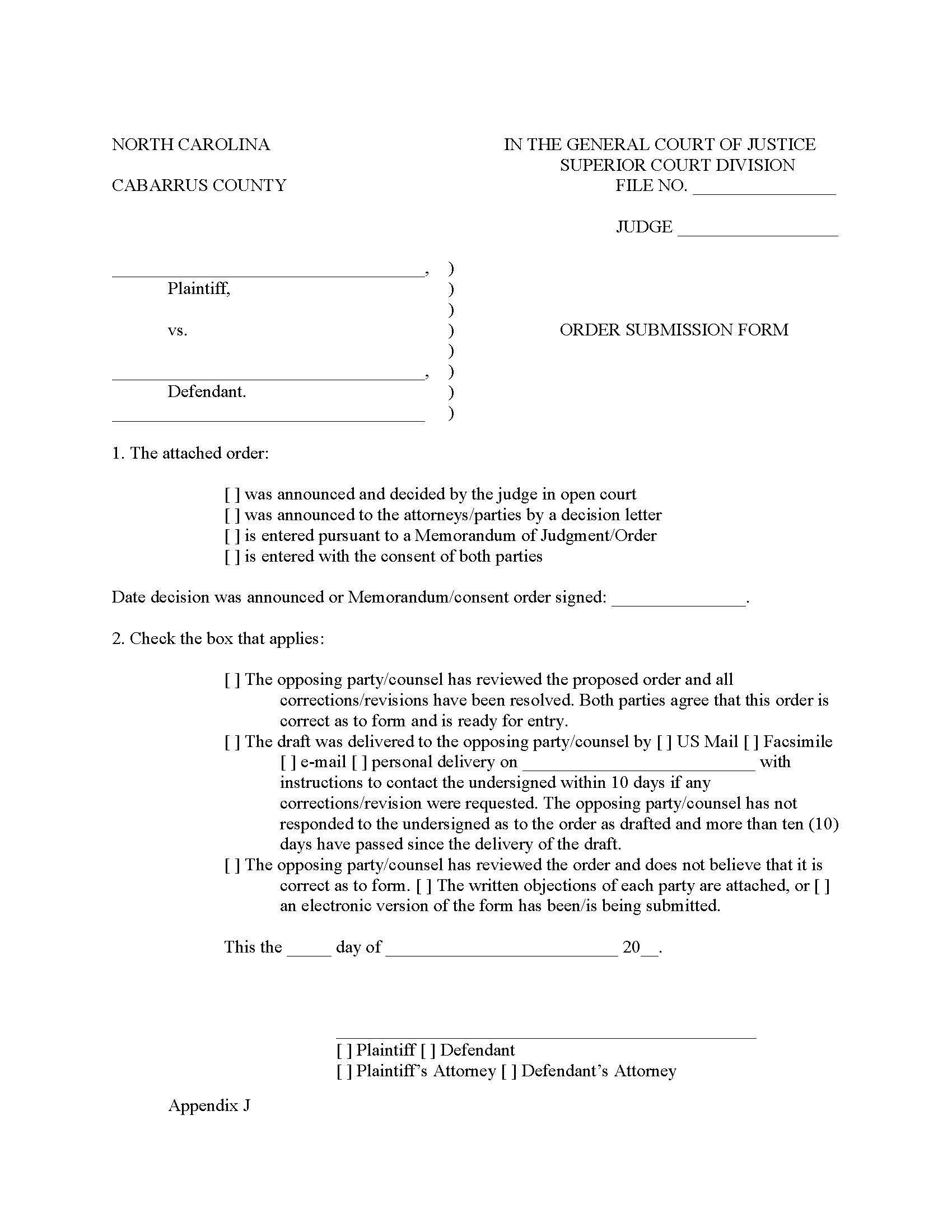 Order Submission Form {Appendix J} | Pdf Fpdf Doc Docx | North Carolina