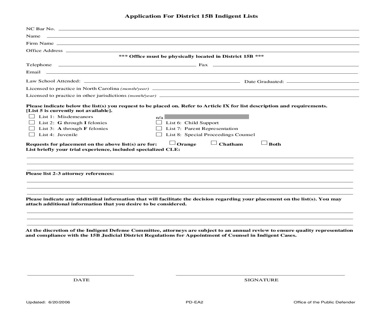 Application For District 15B Indigent Lists {PD-EA2} | Pdf Fpdf Doc Docx | North Carolina