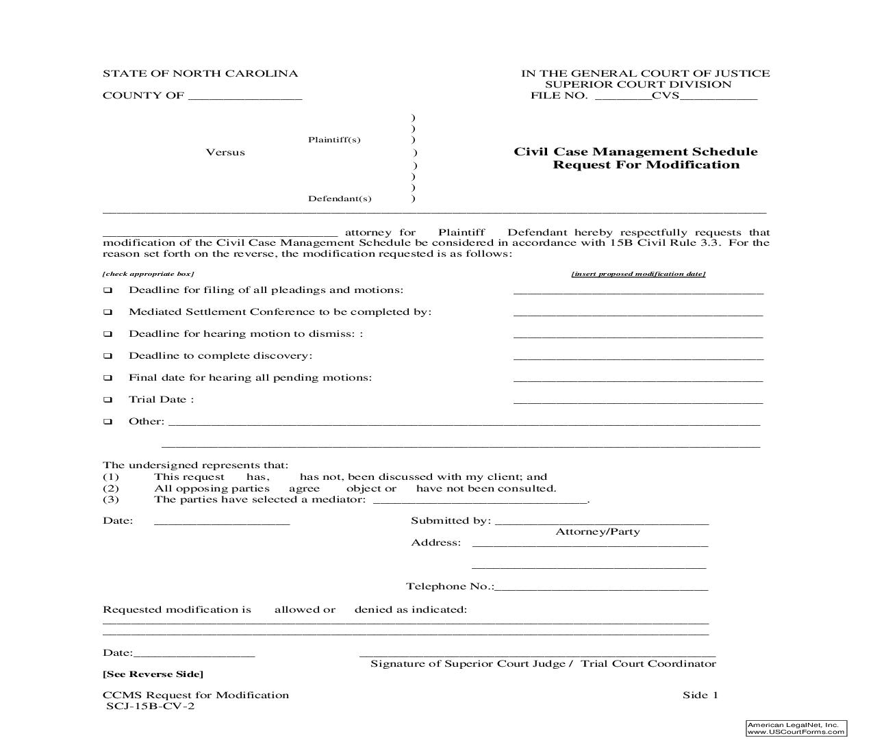 Civil Case Management Schedule Request For Modification {SCJ-15B-CV-2} | Pdf Fpdf Doc Docx | North Carolina