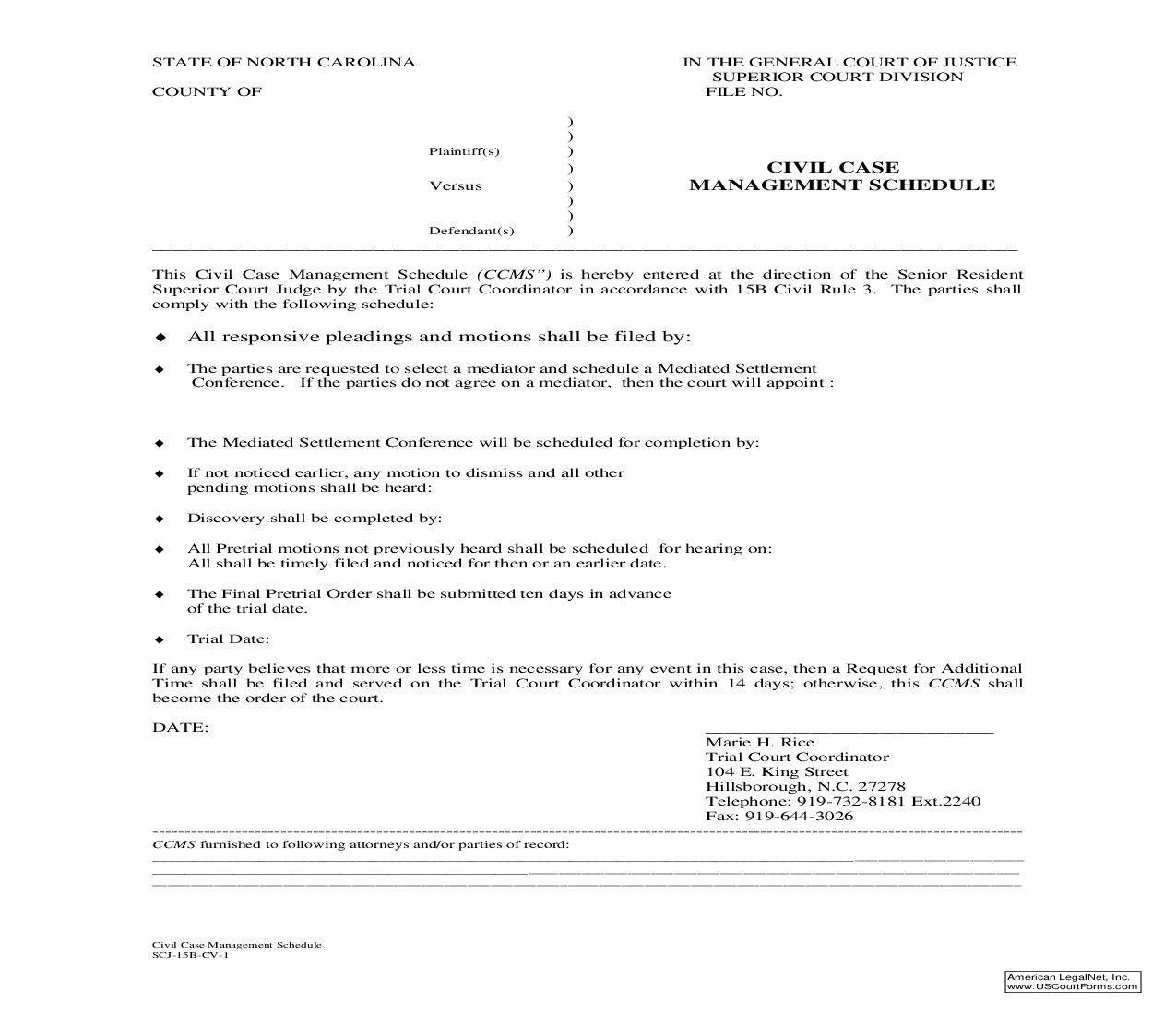 Civil Case Managment Schedule {SCJ-15B-CV-1} | Pdf Fpdf Doc Docx | North Carolina