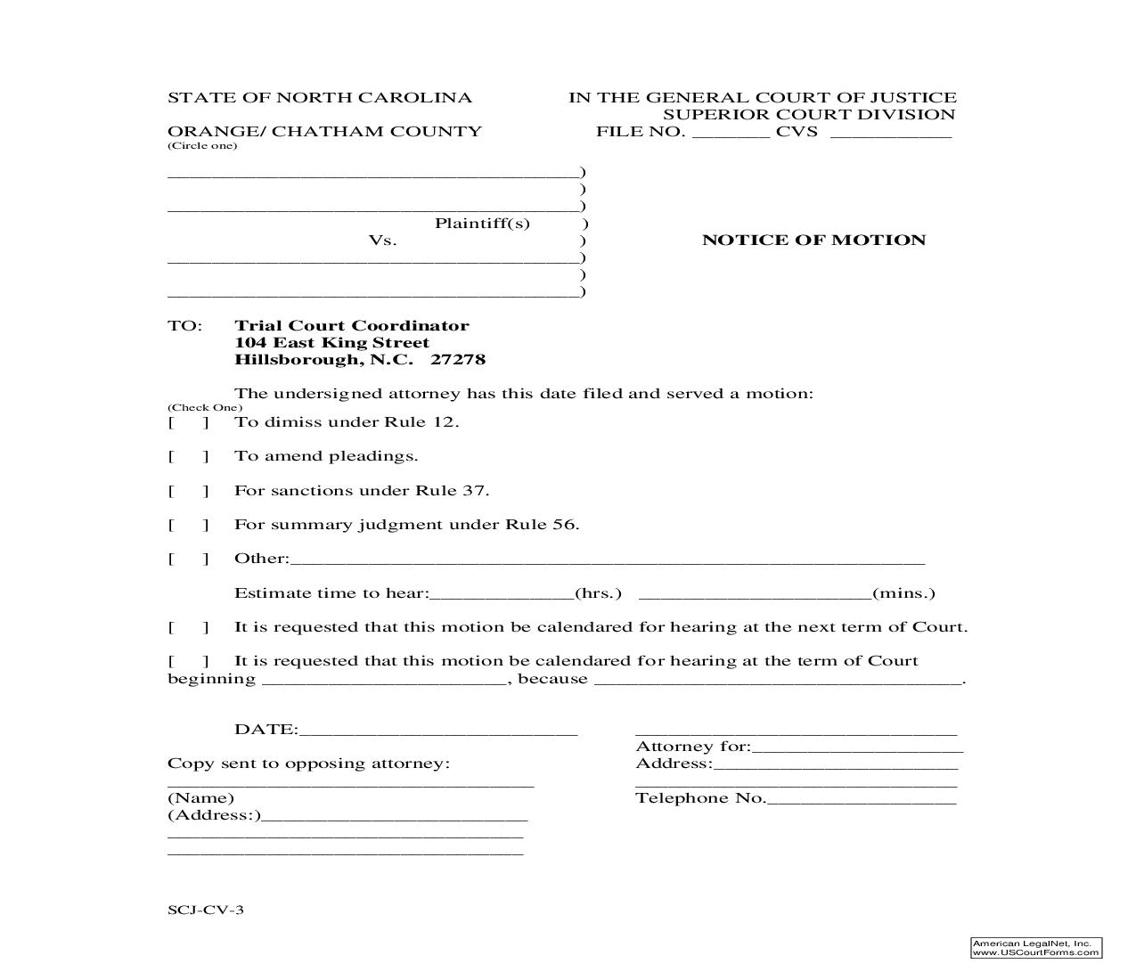 Notice Of Motion {SCJ-CV-3} | Pdf Fpdf Doc Docx | North Carolina