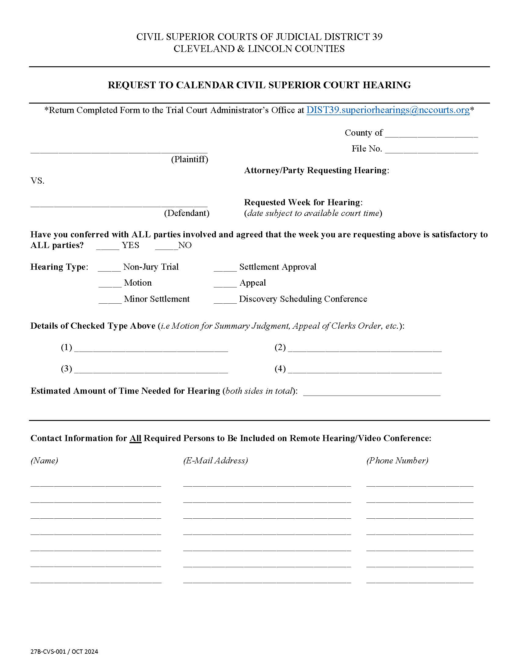 Request To Calendar Civil Superior Court Hearing {27B-CVS-001} | Pdf Fpdf Docx | North Carolina