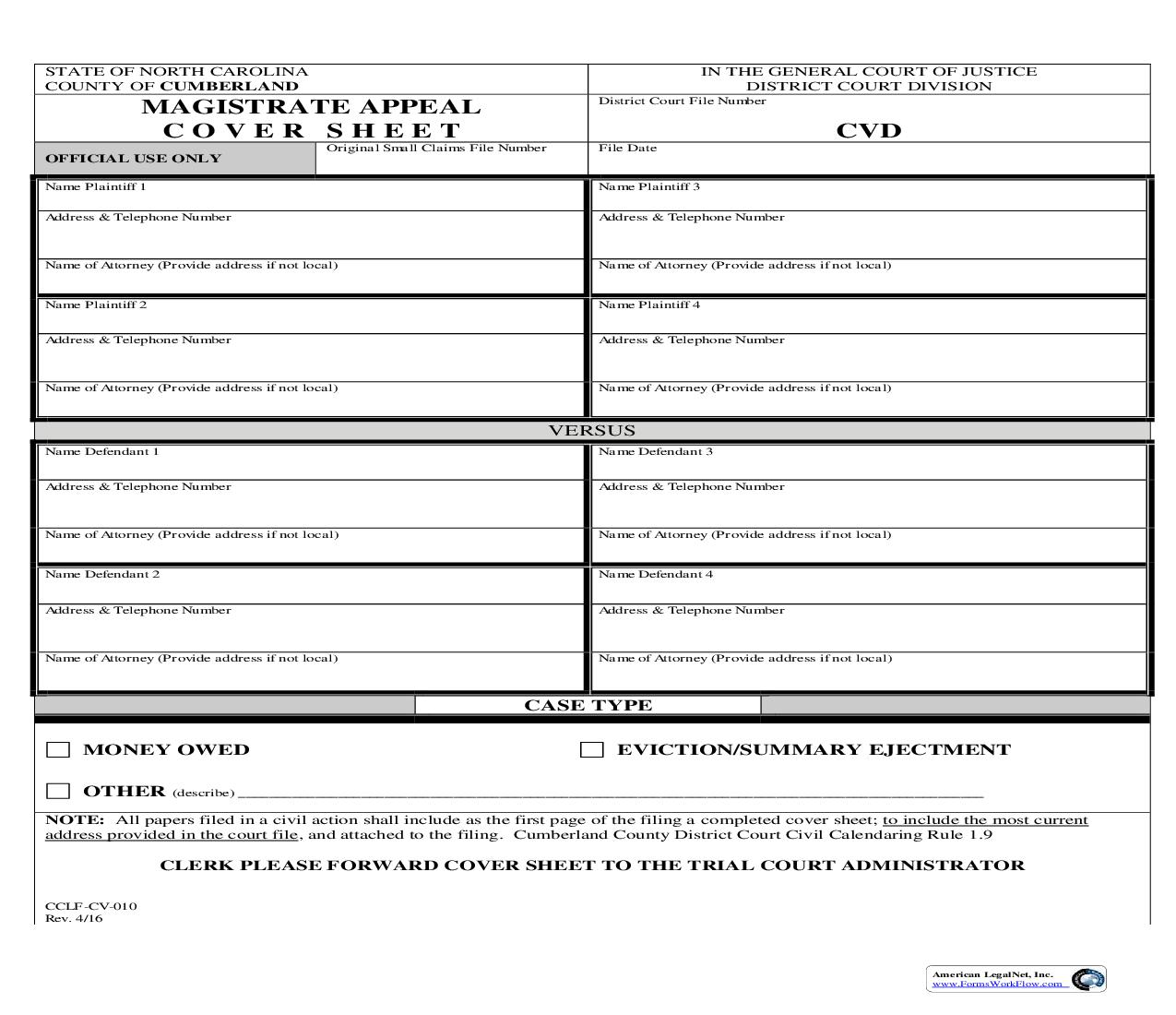 Magistrate Appeal Cover Sheet {CCLF-CV-010} | Pdf Fpdf Doc Docx | North Carolina