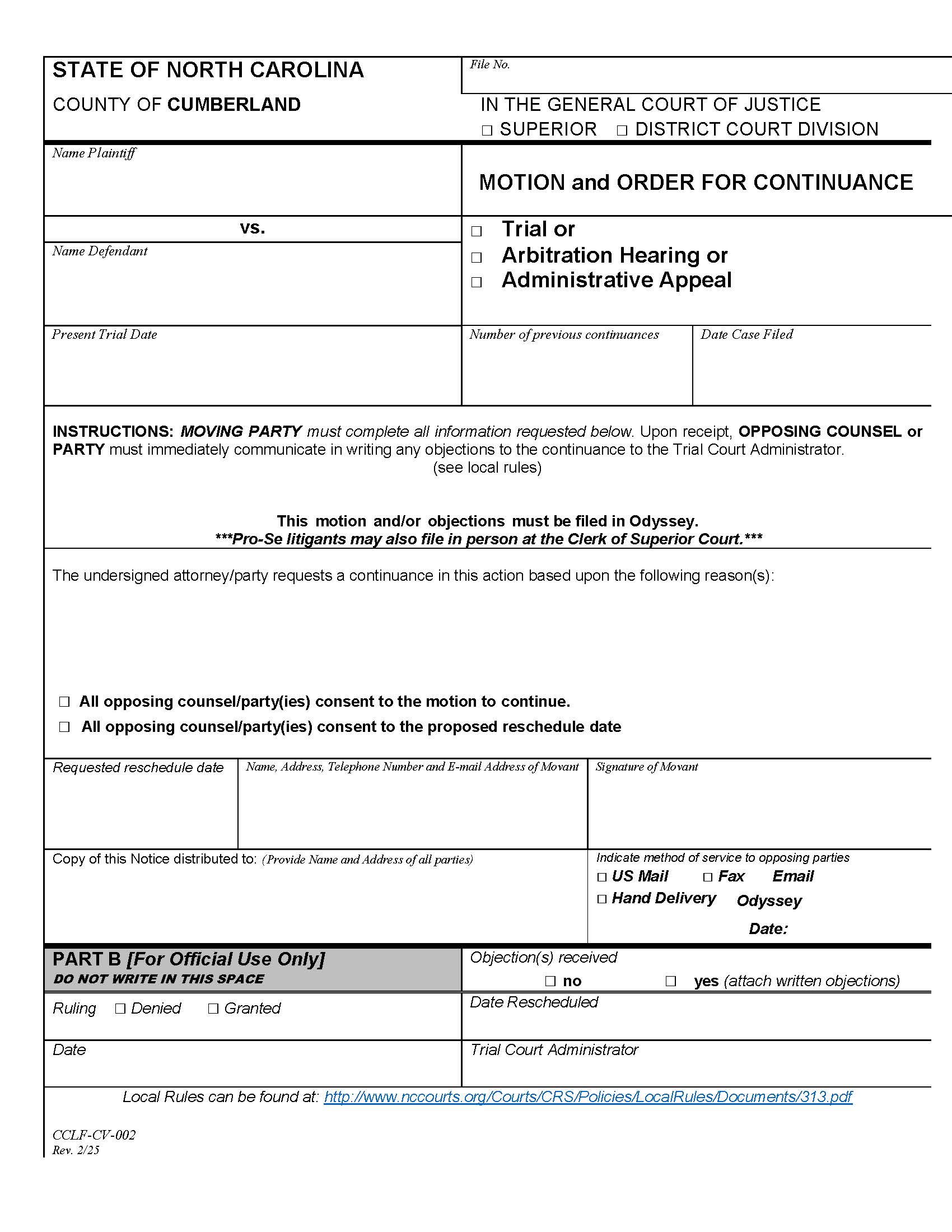 Motion For Continuance {CCLF-CV-002} | Pdf Fpdf Docx | North Carolina