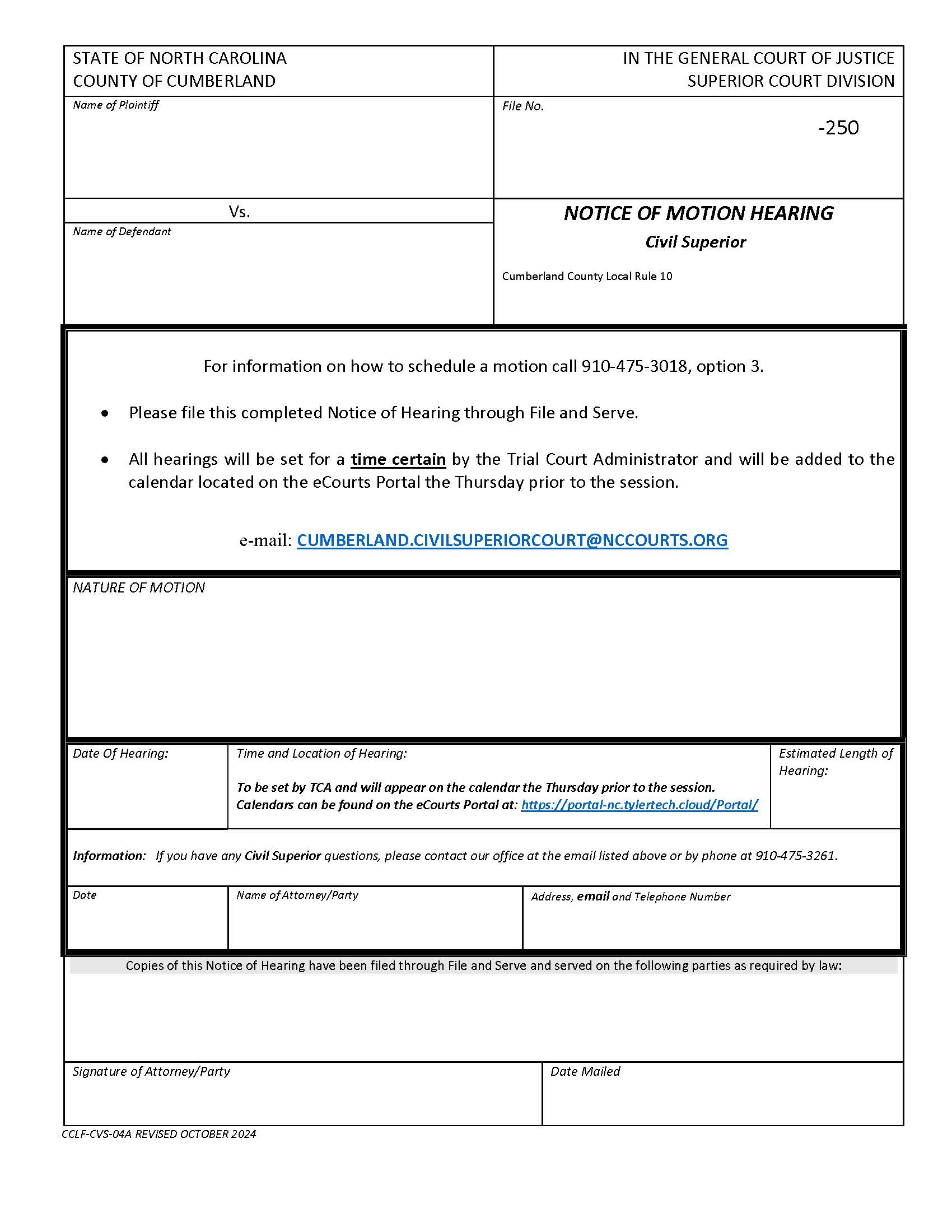 Notice Of Motion Hearing {CCLF-04A} | Pdf Fpdf Docx | North Carolina