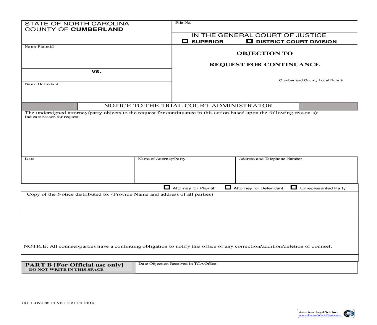 Objection To Request For Continuance {CCLF-CV-003} | Pdf Fpdf Doc Docx | North Carolina
