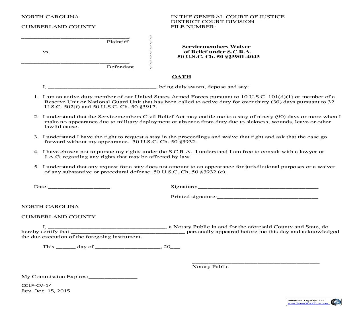 Servicemembers Waiver Of Relief Under SCRA {CCLF-CV-014} | Pdf Fpdf Doc Docx | North Carolina