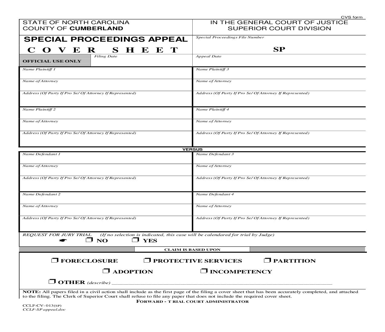 Special Proceedings Appeal Cover Sheet {CCLF-SP-013} | Pdf Fpdf Doc Docx | North Carolina