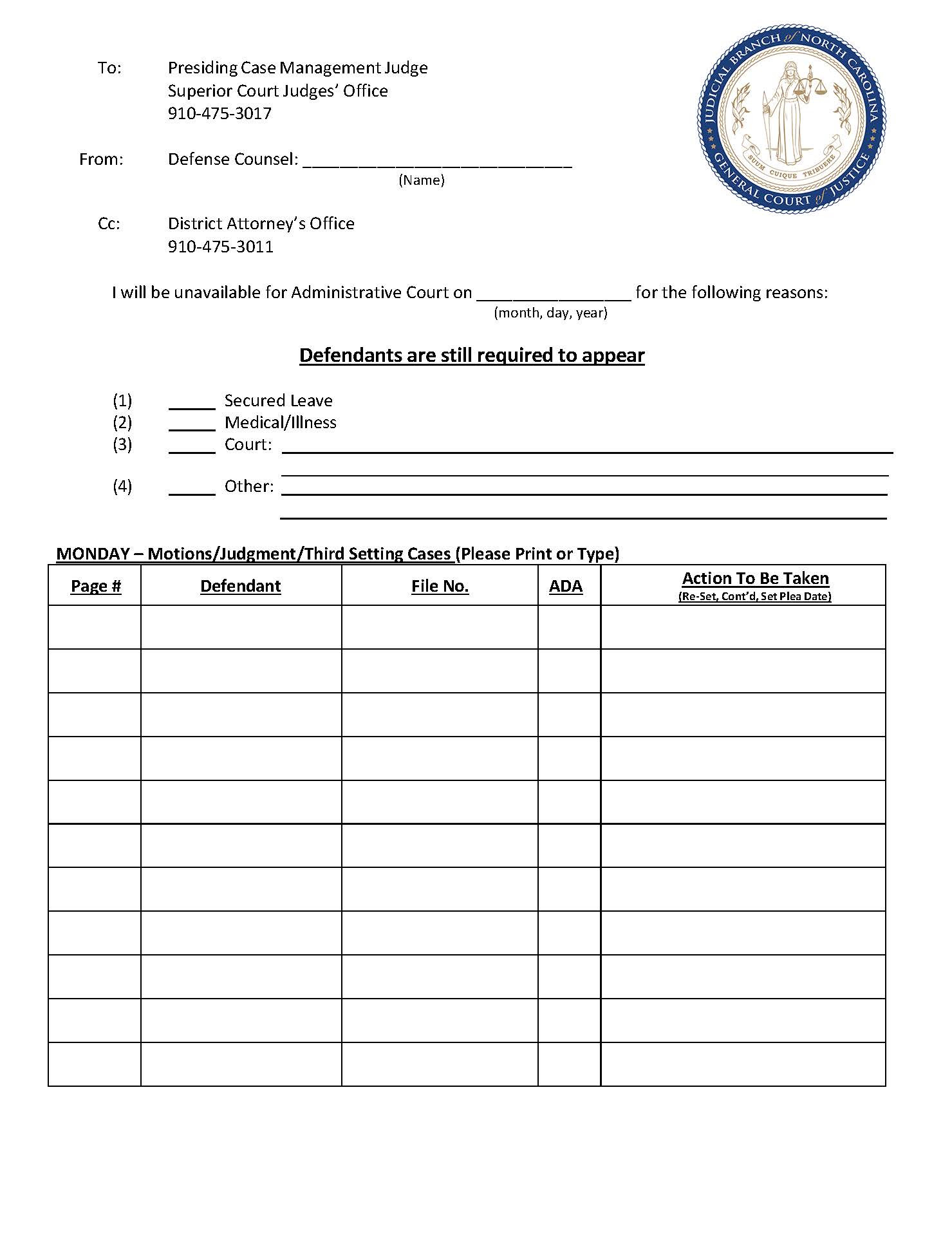 Criminal Administration Week Continuance Form {CCLF-CRS-003} | Pdf Fpdf Doc Docx | North Carolina