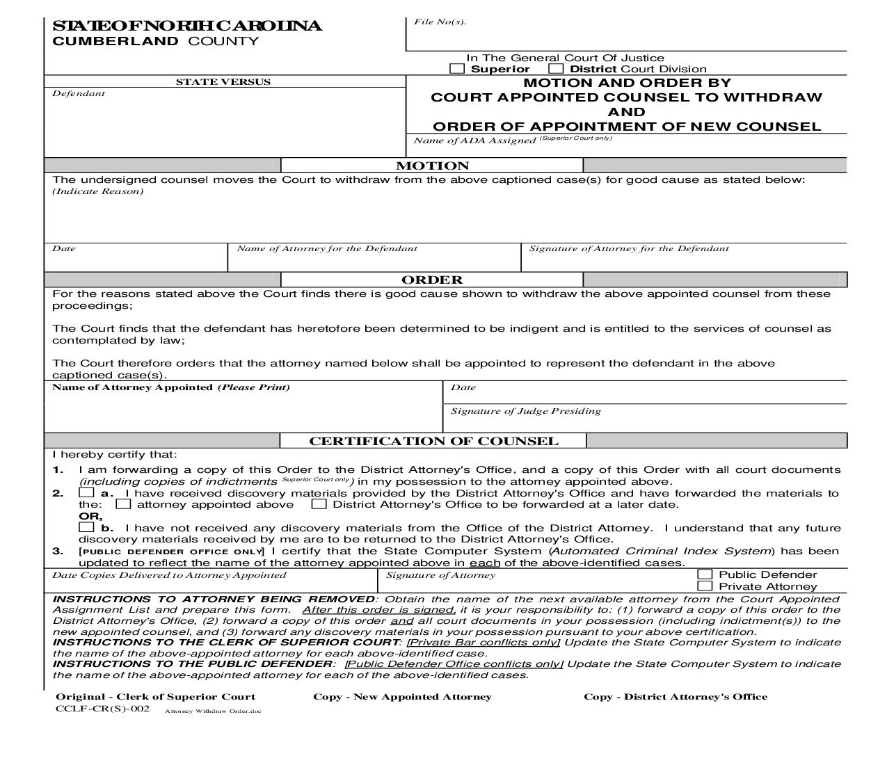 Motion And Order By Court Appointed Counsel To Withdraw And Order Of Appointment Of New Counsel {CCLF-CRS-002} | Pdf Fpdf Doc Docx | North Carolina